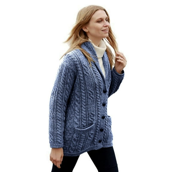 Aran Woollen Mills Cable Knitted Shawl Cardigan Sweater 100% Premium SuperSoft Merino Wool Women`s Jacket Made in Ireland