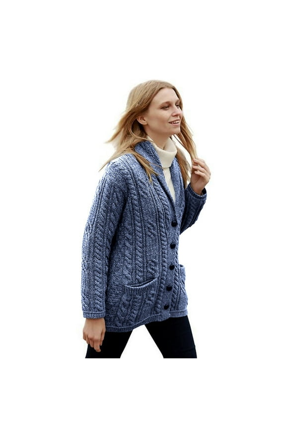 Cable Knitted Shawl Cardigan Sweater 100% Premium SuperSoft Merino Wool Women`s Jacket Made in Ireland
