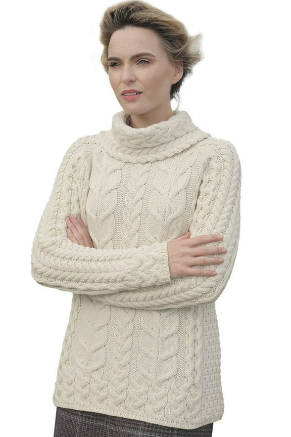 Cable Knitted Sweater 100% Premium SuperSoft Merino Wool Pullover Women`s Cowl Neck Collar Jumper Made In Ireland