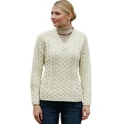Aran Woollen Mills Cable Knitted V Neck Fitted Sweater 100% Premium Soft Merino Wool Jumper Women`s Pullover Made in Ireland