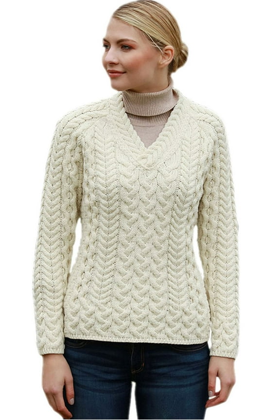 Cable Knitted V Neck Fitted Sweater 100% Premium Soft Merino Wool Jumper Women`s Pullover Made in Ireland