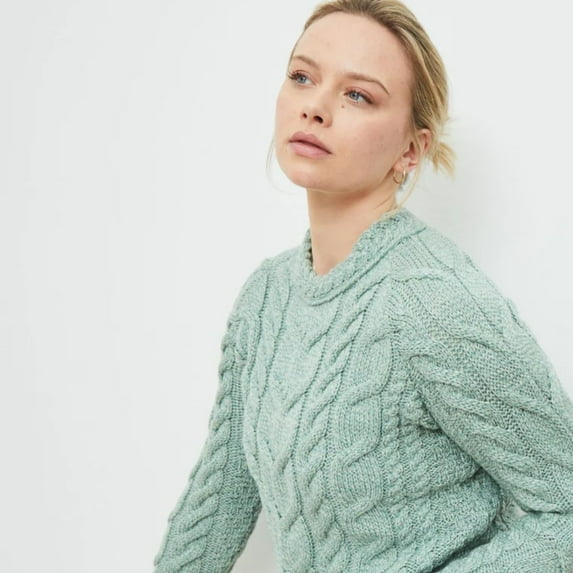Aran Woollen Mills Women's Long Sleeve Pullover Sweater, Ocean Mist, Large