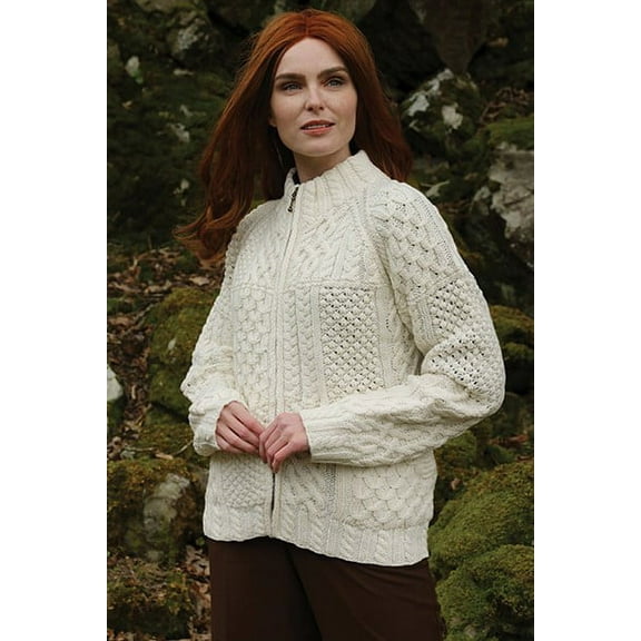Aran Woollen Mills Irish Patchwork Zip Up Cardigan 100% Premium Soft Merino Wool Sweater Made in Ireland | White