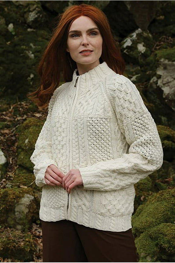 Irish Patchwork Zip Up Cardigan 100% Premium Soft Merino Wool Sweater Made in Ireland | White