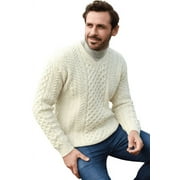 Aran Woollen Mills Irish Traditional Fisherman 100% Premium Soft Merino Wool V-Neck Sweater Cable Knitted Jumper Men`s Pullover Made in Ireland