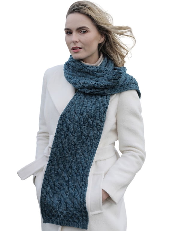 Irish Traditional Scarf Cold Weather Knit Wrap for Women 100% Premium Soft Merino Wool Made in Ireland | Blue