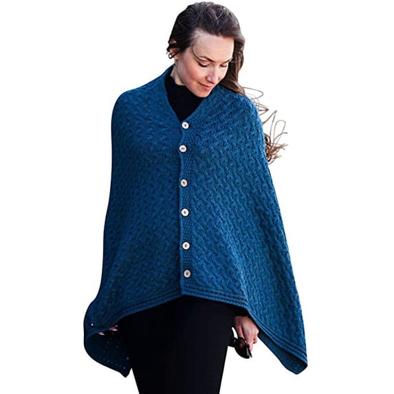 Aran Woollen Mills Knitted Poncho 100% Premium Soft Merino Wool Buttoned Irish Cape One Size Made in Ireland