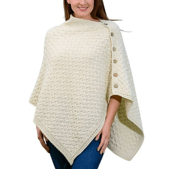 Aran Woollen Mills Knitted Poncho 100% Premium Soft Merino Wool Buttoned Irish Cape One Size Made in Ireland