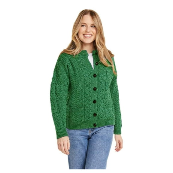 Aran Woollen Mills Ladies Irish Wool Cardigan, Made in Ireland, Green, X-Large