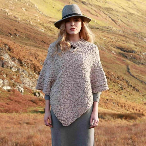 Aran Woollen Mills Ladies Wool Poncho- Taupe