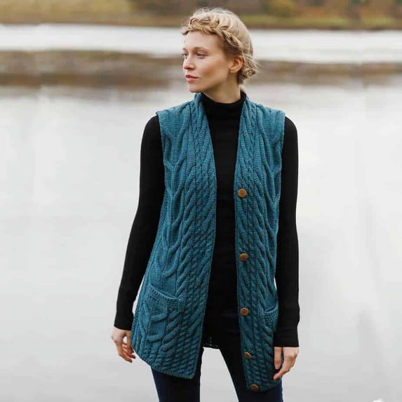 Aran Woollen Mills Ladies Wool Waistcoat, Blue, Small