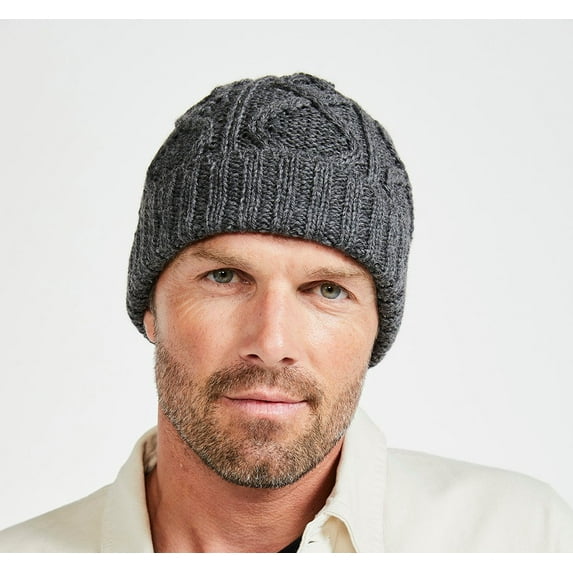 Aran Woollen Mills Male Adult Irish Wool Gray Cable Knit Beanie Hat, One size