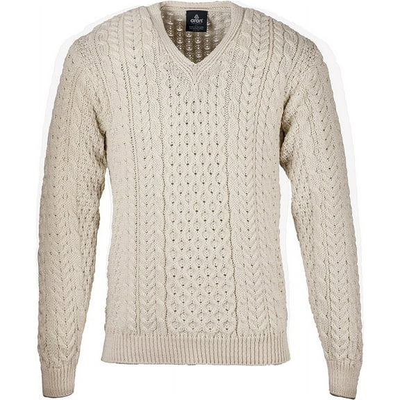 Aran Woollen Mills Men's Merino Wool Irish V Neck Sweater (White, XSmall)