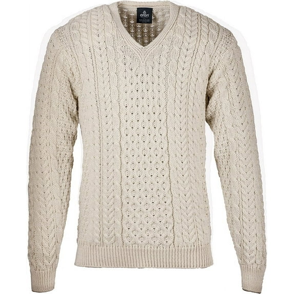 Aran Woollen Mills Men's Merino Wool Irish V Neck Sweater (White, XSmall)