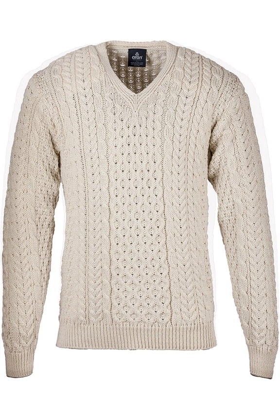 Men's Merino Wool Irish V Neck Sweater (White, XSmall)
