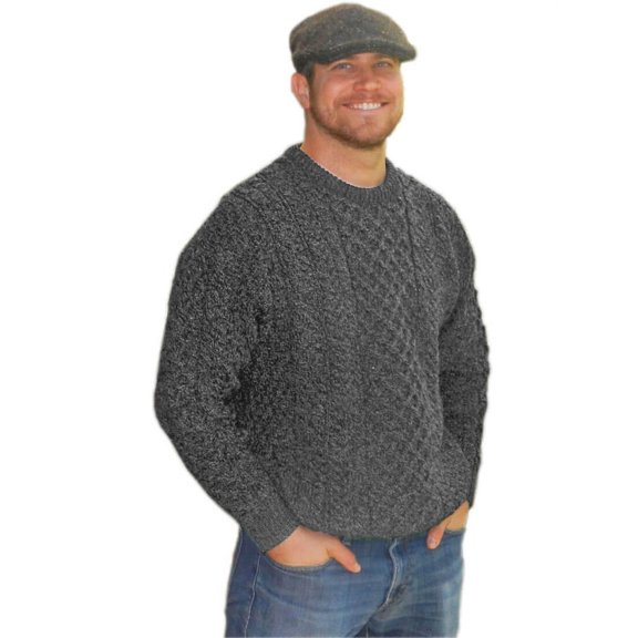 Aran Woollen Mills Mens Traditional Aran Sweater, Real Irish Wool, Made in Ireland, Small, Gray