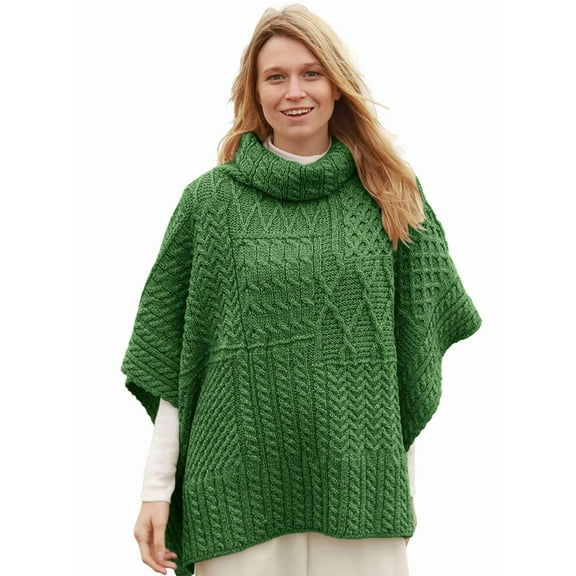Aran Woollen Mills Patchwork Knitted Cape 100% Premium Soft Merino Wool Cowl Neck Women`s Poncho Made in Ireland | One Size