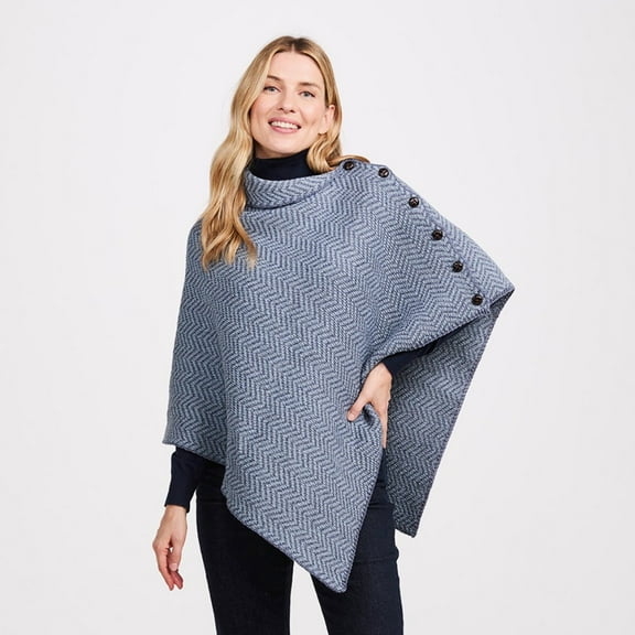 Aran Woollen Mills Poncho 100 % Soft Merino Wool Women`s Irish Cape with Buttons and Herringbone Pattern Made in Ireland