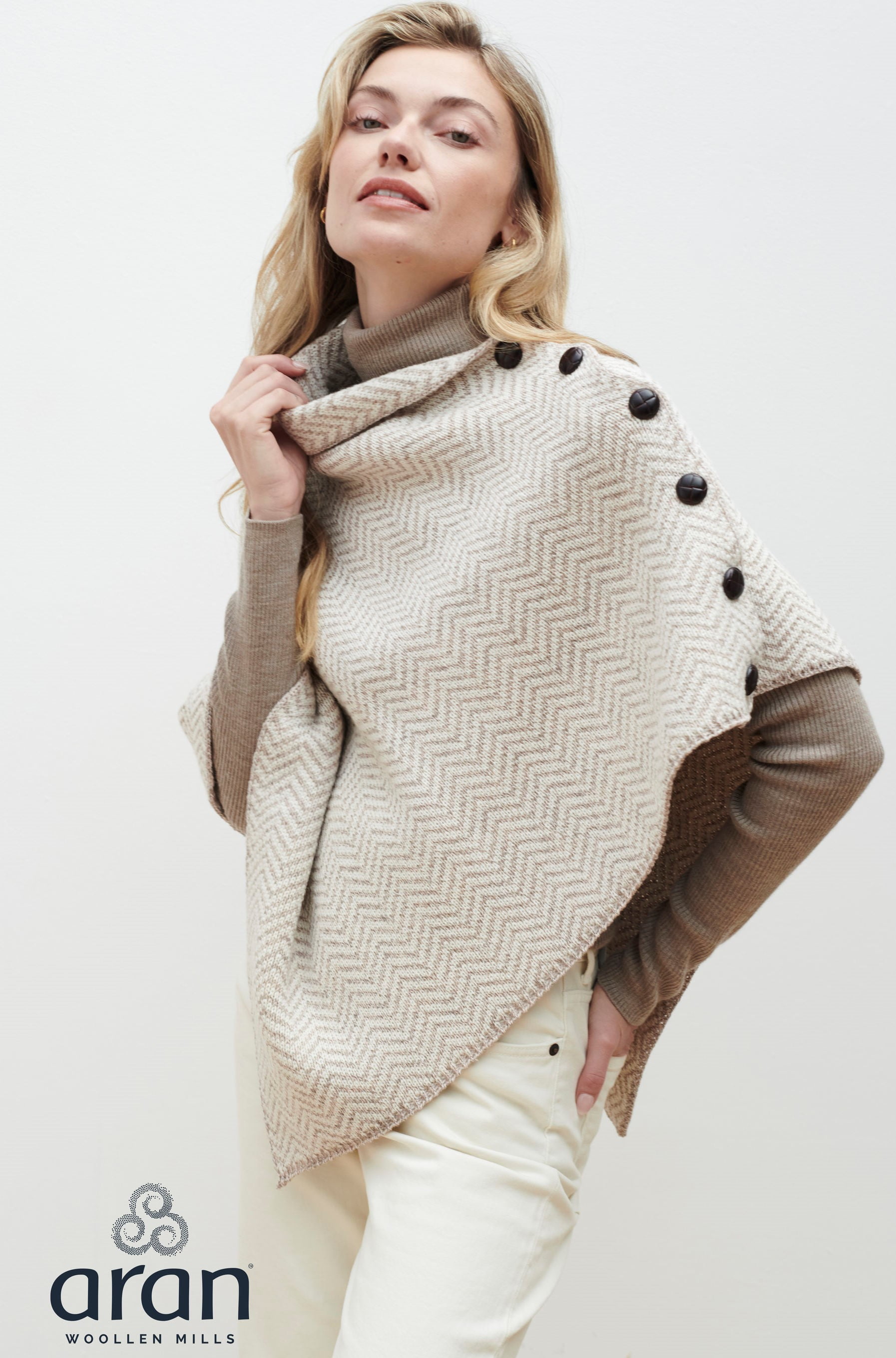 Aran Woollen Mills Poncho 100 % Soft Merino Wool Women`s Irish Cape with  Buttons and Herringbone Pattern Made in Ireland 