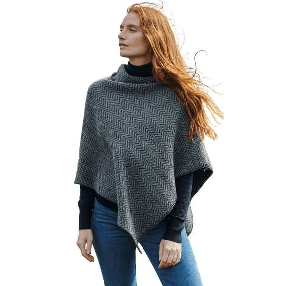 Aran Woollen Mills Poncho 100 % Soft Merino Wool Women`s Irish Cape with Buttons and Herringbone Pattern Made in Ireland