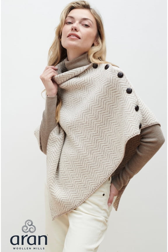 Poncho 100 % Soft Merino Wool Women`s Irish Cape with Buttons and Herringbone Pattern Made in Ireland