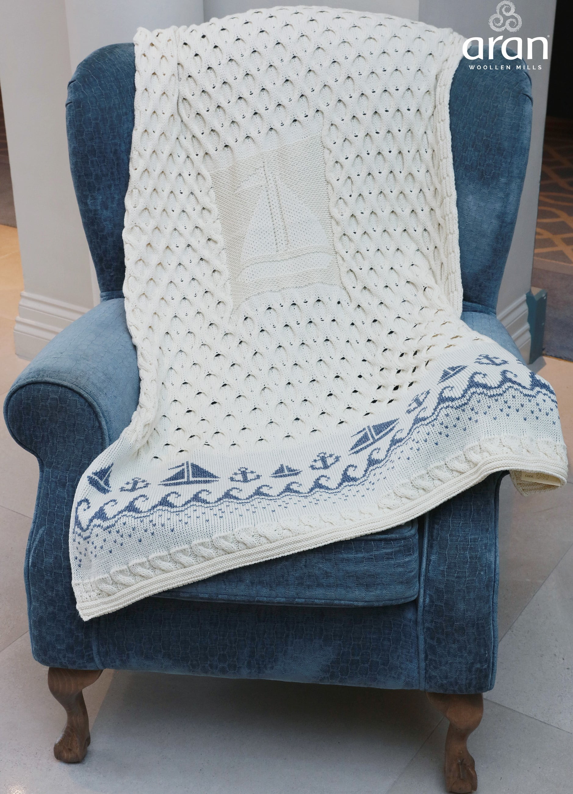 Aran Woollen Mills Sailing Boat Knitted Throw 100 Premium Soft Merino