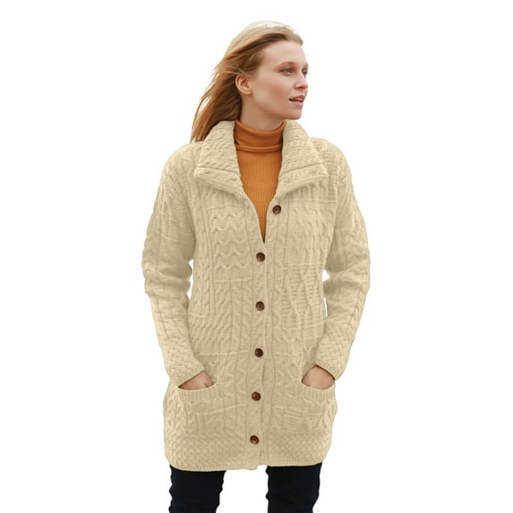 Aran Woollen Mills Women 100% Merino Wool Buttoned Irish Funnel Neck Cardigan