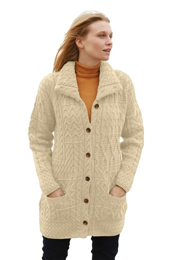 Women 100% Merino Wool Buttoned Irish Funnel Neck Cardigan