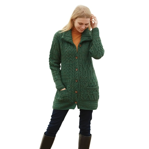 Aran Woollen Mills Women's Button Funnel Neck Cardigan 100% Merino Wool