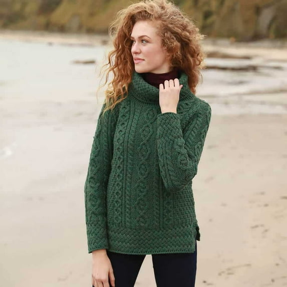 Aran Woollen Mills Women’s Cowl Neck Wool Sweater,Green, Small