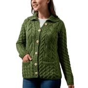 Aran Woollen Mills Womens Irish Button Cardigan Sweater Cable Knit 100% Merino Wool Jacket Made in Ireland