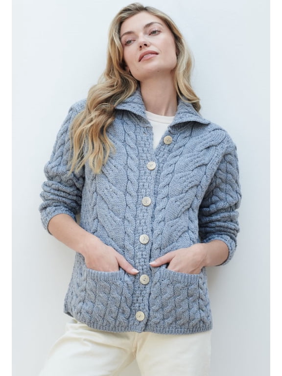 Women's Irish Button Cardigan Sweater Cable Knit 100% Merino Wool Jacket Made in Ireland