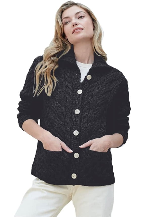Women's Irish Button Cardigan Sweater Cable Knit 100% Merino Wool Jacket Made in Ireland