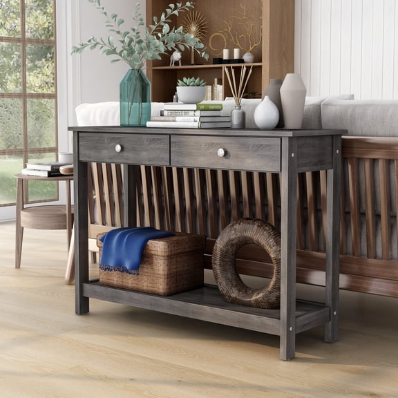 Aranda 2-Drawer and 1-Shelf Wood Rectangle Console Table, Gray