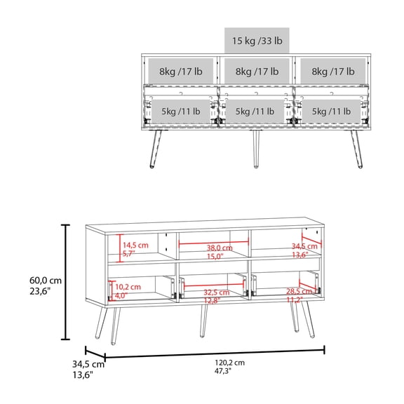 Aranjuez 47" Wide Tv Stand with Three Drawers, Three Open Shelves, Living Room, Tv Room White Natural Oak