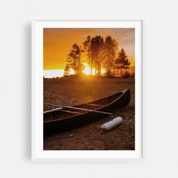 Arapahoe Bay Canoe - Granby Colorado Photography Sunset Boat Nature Silhouette Scenic Lake White Framed Wall Art Print 11 x 14 inches