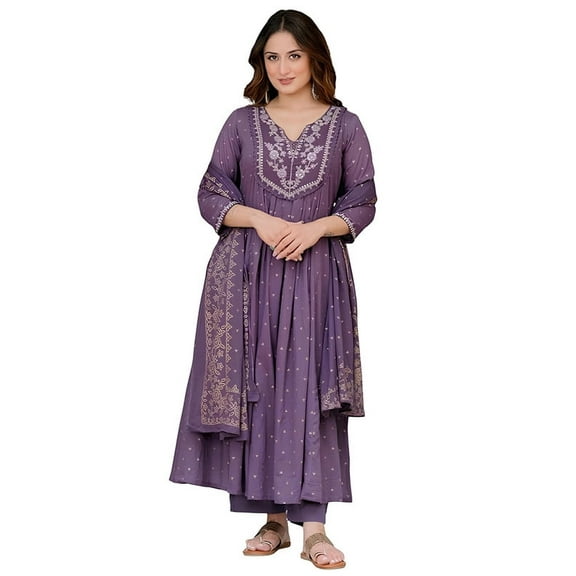 Arayna Women’s 100% Pure Cotton Anarkali Kurta Set with Pant & Dupatta | Embroidered Flared Kurta | Elegant Ethnic Suit for Festive - Indian Ethnic Traditional Wear Kurta Set