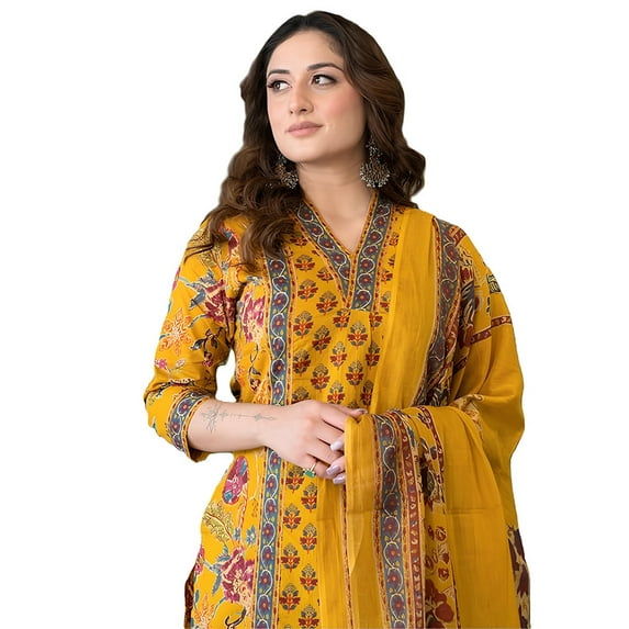 Arayna Women's Pure Cotton Block Printed Ethnic Wear Kurta Set with Palazzo Pants & Dupatta, Mustard Yellow - Indian Ethnic Traditional Wear Kurta Set