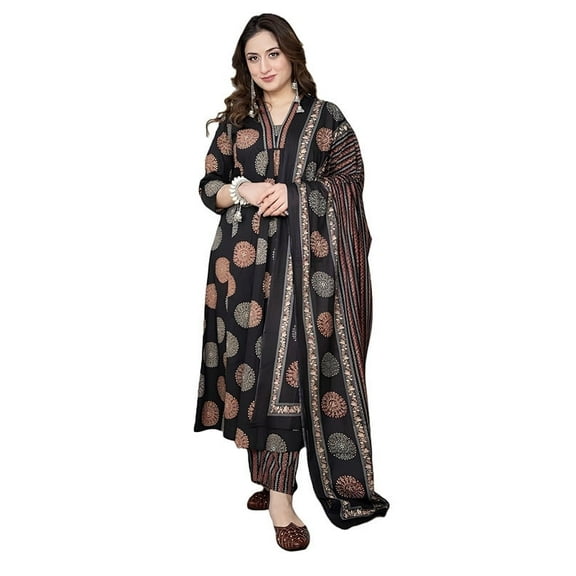 Arayna Women's Pure Cotton Intricate Block Printed Ethnic Wear Kurta Set with Palazzo & Dupatta - Indian Ethnic Traditional Wear Kurta Set