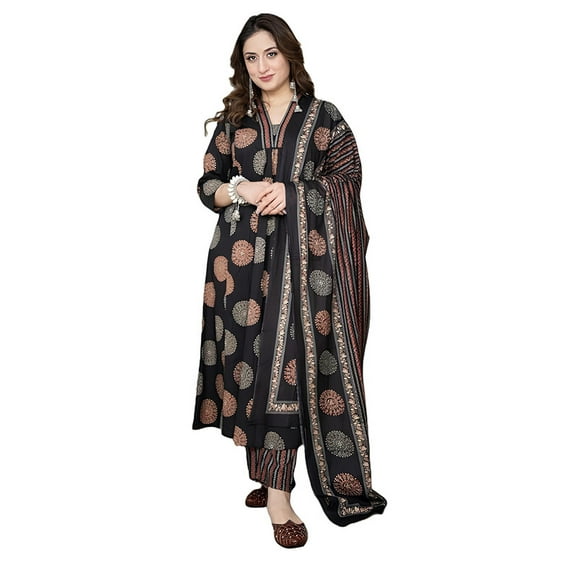 Arayna Women's Pure Cotton Intricate Block Printed Ethnic Wear Kurta Set with Palazzo & Dupatta - Indian Ethnic Traditional Wear Kurta Set