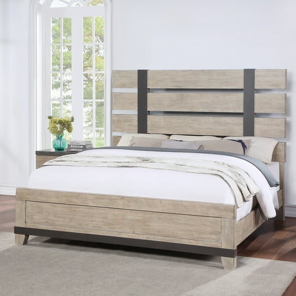 Arbela Wood Slatted Panel Bed, King, Weathered Oak Finish