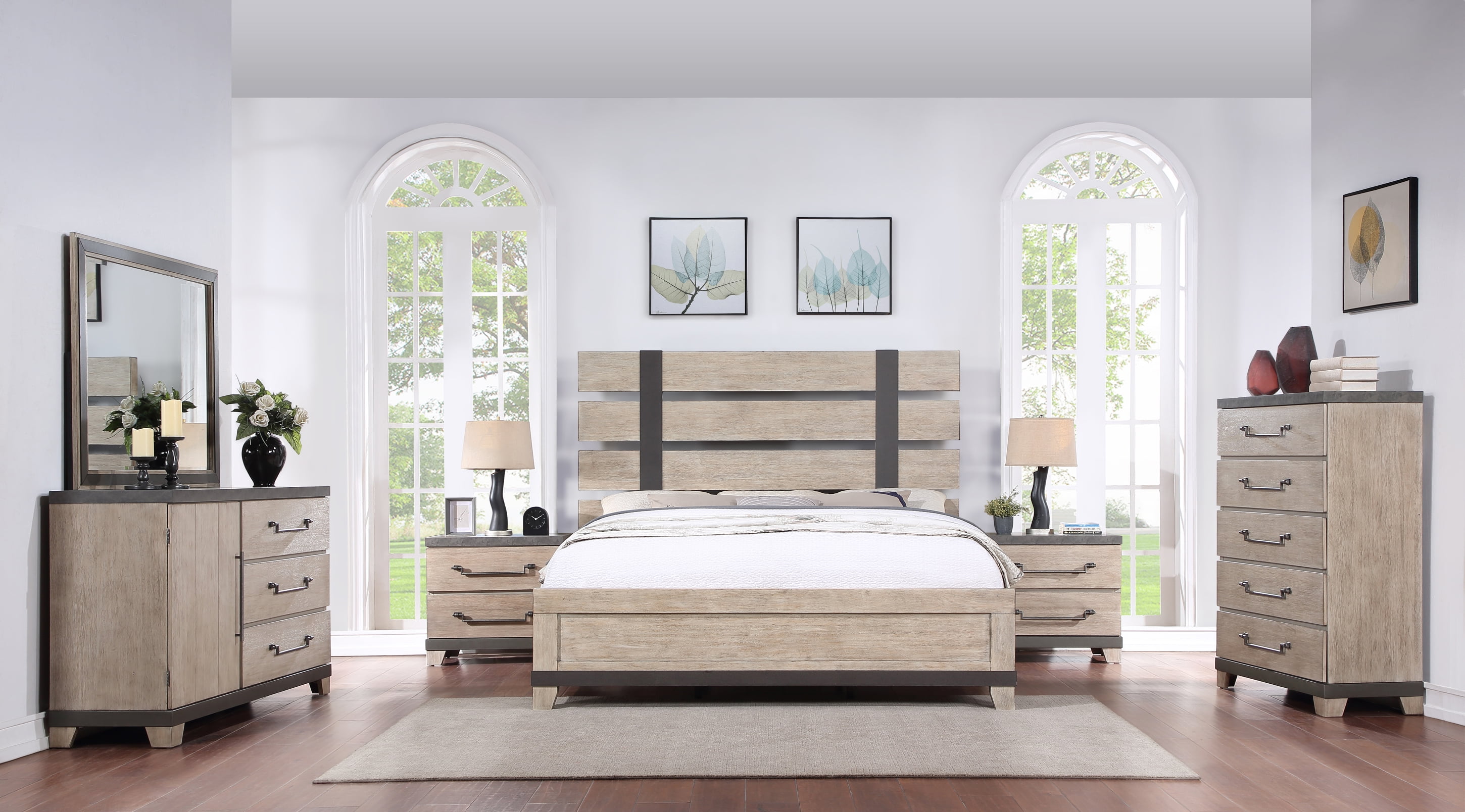 Arbela Wood Slatted Panel Bed with Dresser, Mirror, Two Nightstands, Chest, Queen, Weathered Oak Finish