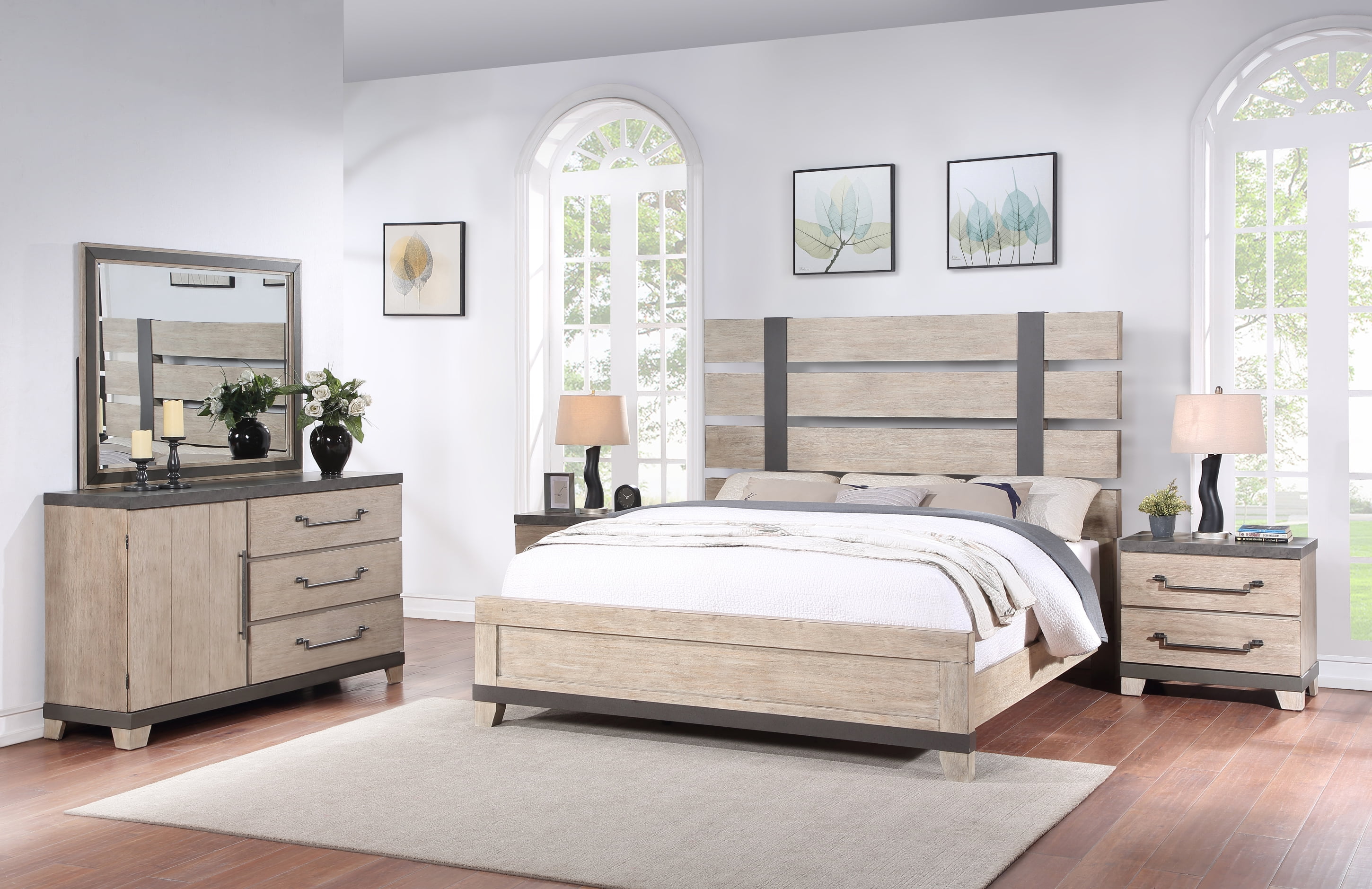 Arbela Wood Slatted Panel Bed with Dresser, Mirror, and Two Nightstands, King, Weathered Oak Finish