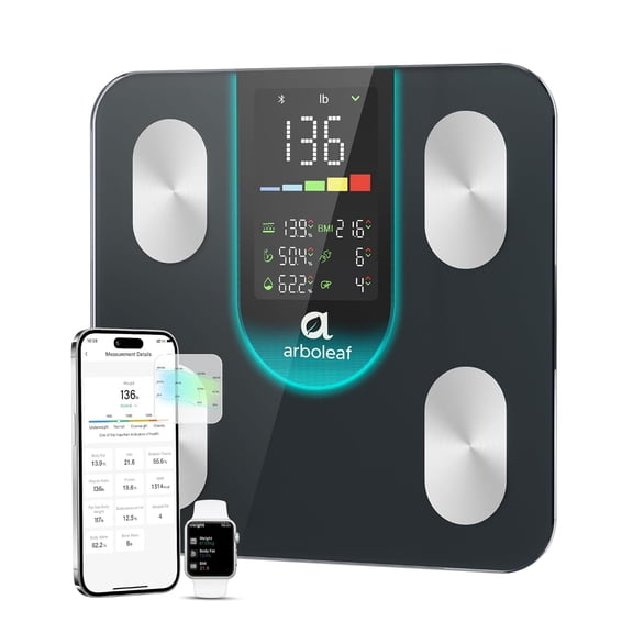 Arboleaf Smart Body Fat Scale – 4-Electrode BIA Digital Bathroom Scale, App Sync, 14 Metrics, 400lb Capacity
