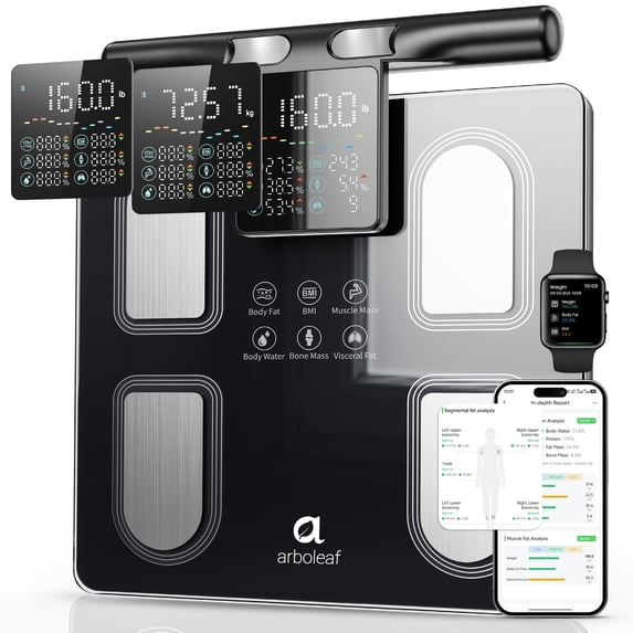 Arboleaf Smart Body Fat Scale – 8-Electrode Full Body Composition Analyzer, Bluetooth Bathroom Scale with App, 400lb Capacity, Large Display