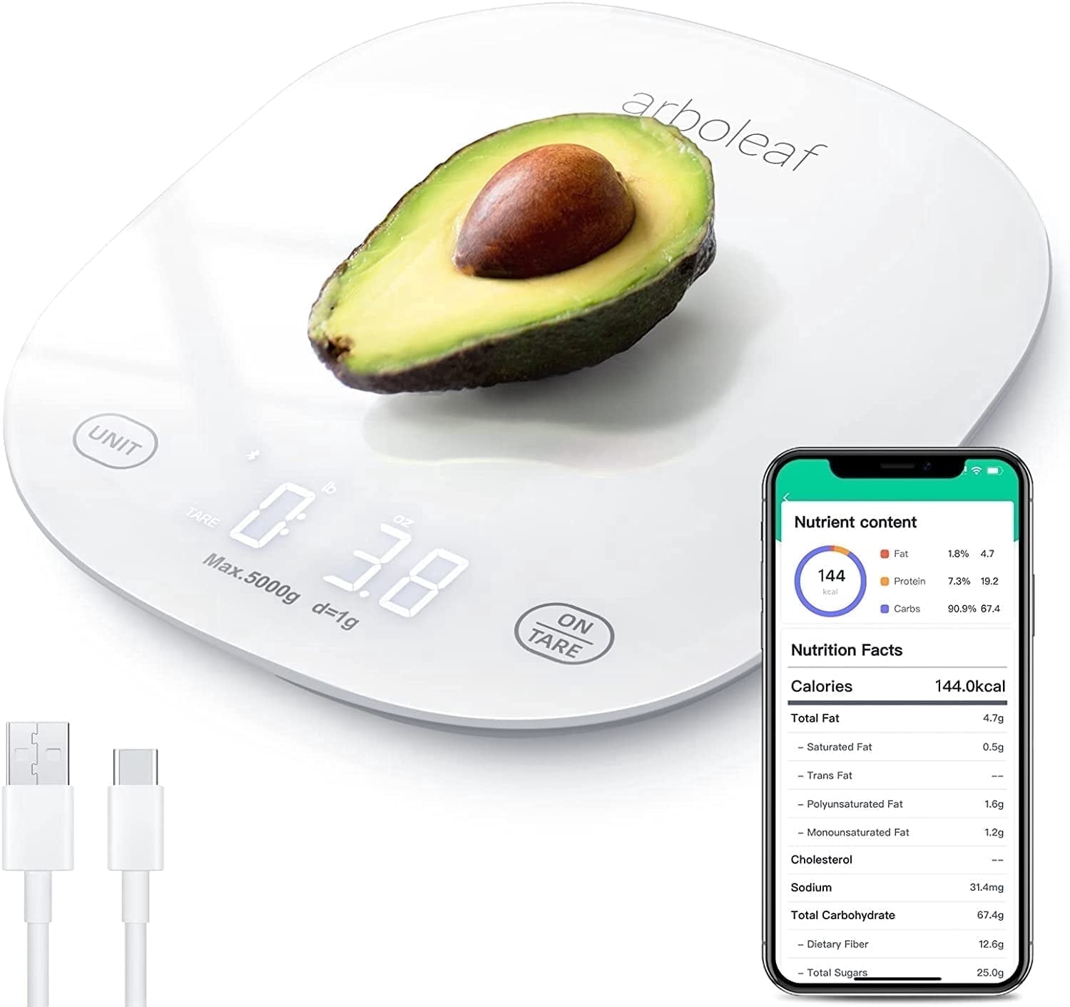 Arboleaf Smart Food Scale, 22lb Digital Food Scale with Nutritional Calculator & App,White