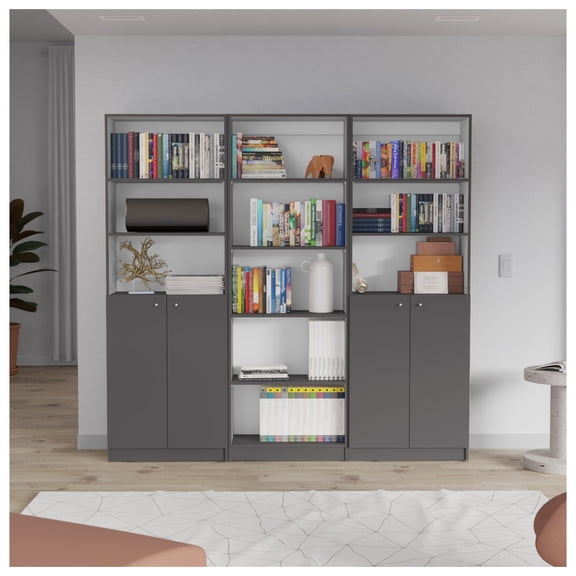 Arbor 3 Piece Home Bookcase set, 74" Wide with 11 Shelves and Two Double-Door Cabinet , Living Room Set Matt Gray / White Freestanding + Multicolor + Office + Modern + Particle Board
