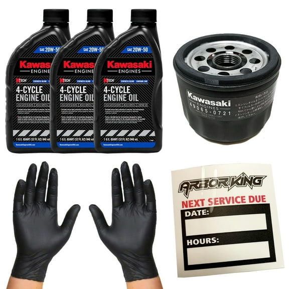 Arbor King 20W50 Oil Change Kit for Kawasaki FX600V FX541V FX481V FR600V FR541V FR481V FS600V FS541V FS481V (3) 99969-6298 (1) 49065-0721 (1) Service Reminder Decal (1) Set of Gloves