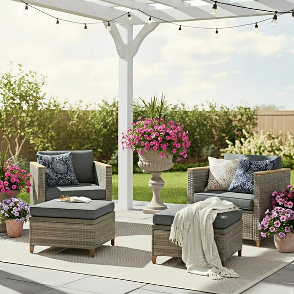 Thy- Hom Arbor Solid Wood Patio Arm Chair  with Ottoman Set