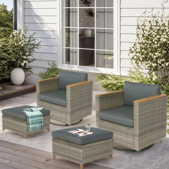 Thy-Hom Arbor Solid Wood Patio Swivel Chair with Ottoman Set